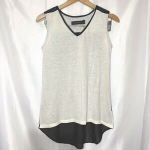Stella & Jamie Ivory Black Studded Leather Yoke Sheer High Low Tank Top Small